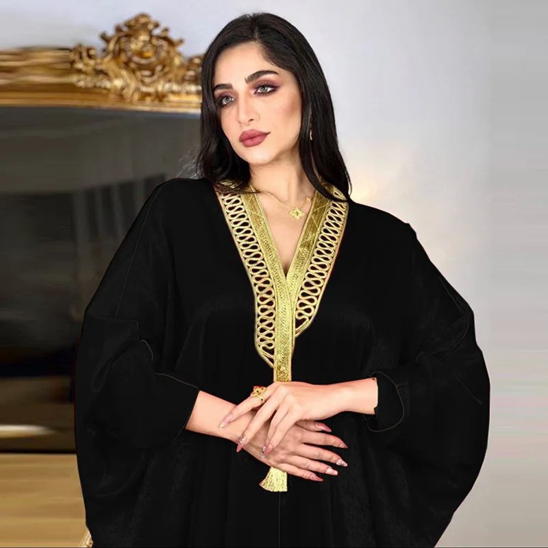 Abaya Dubaï couleur-noir-en Velours Français – Robe Orientale Batwing – Grossiste Istanbul Turquie